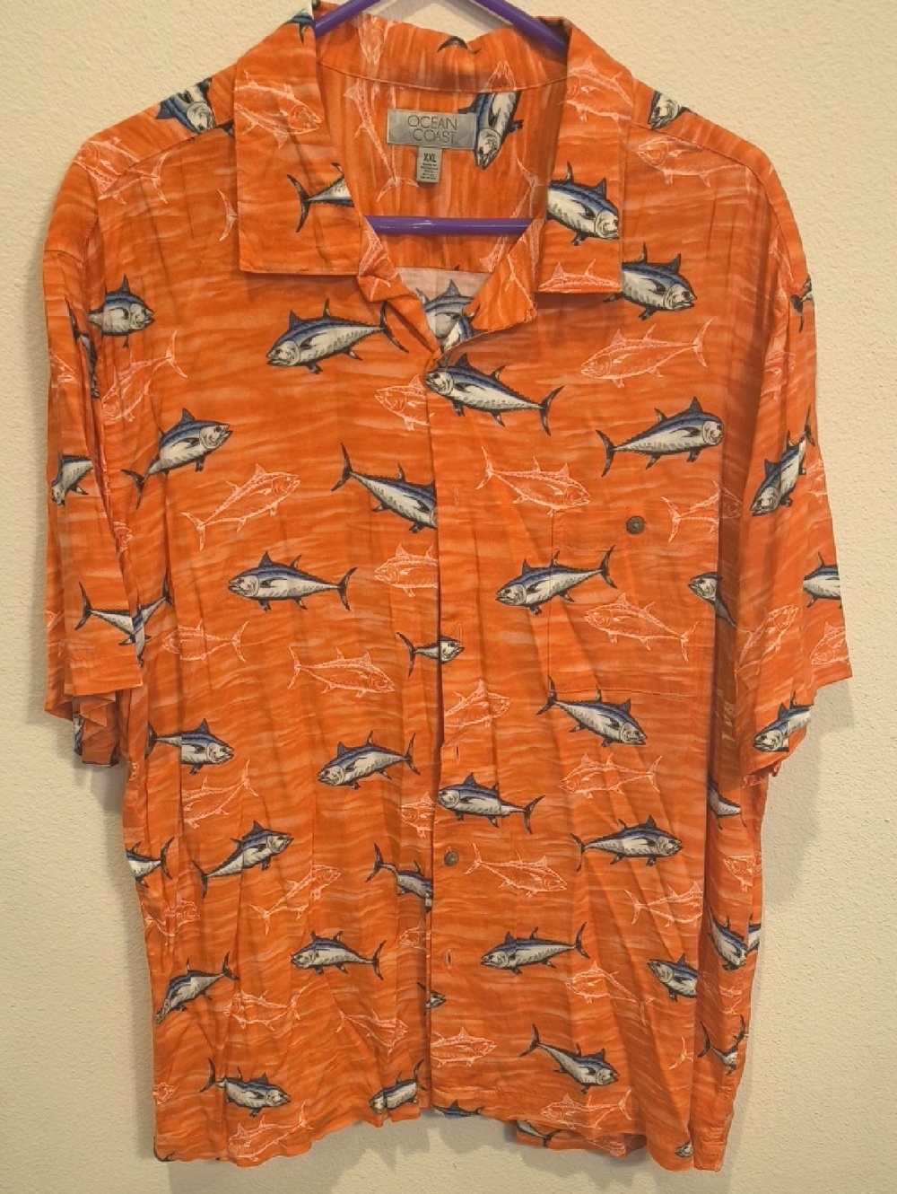 Ocean Coast Men’s Orange Short-Sleeve Fish Print Button-Up Shirt Men's XXL